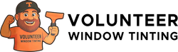 Logo of a muscular man with a beard, wearing an orange t-shirt and cap. Text: Volunteer Window Tinting.