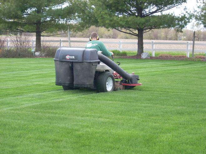 Person mowing a green lawn with a riding mower, rear bagger attached.