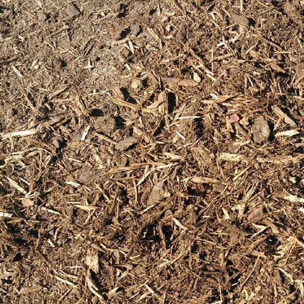Brown mulch, with varying sizes of wood chips and organic matter.