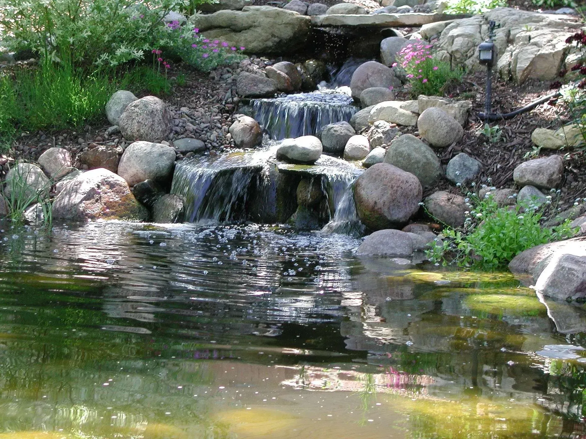 Waterfall cascading into a pond, surrounded by rocks and lush greenery.