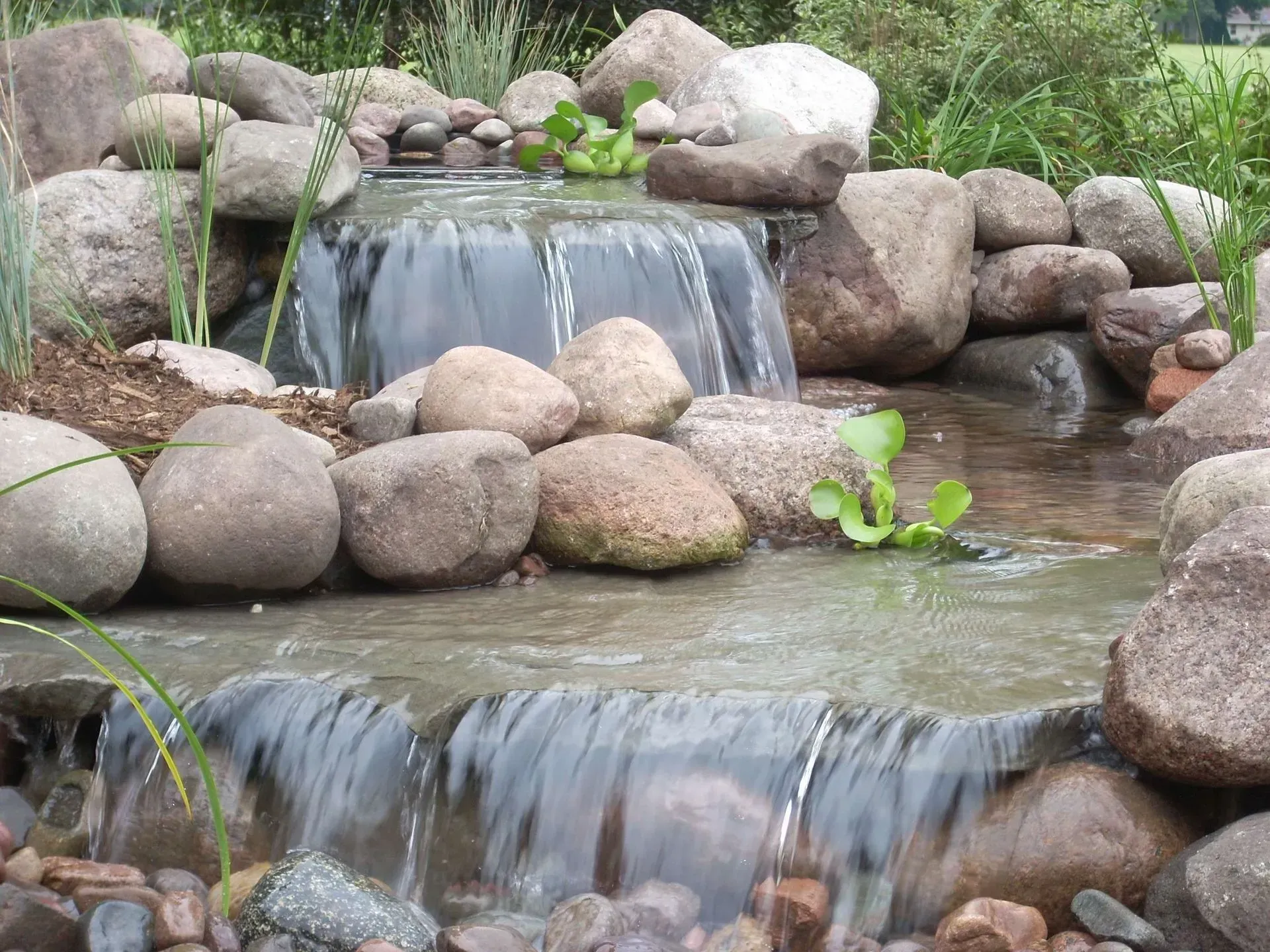 Water cascades over stacked rocks into a pond; green aquatic plants, brown rocks, and green grass.