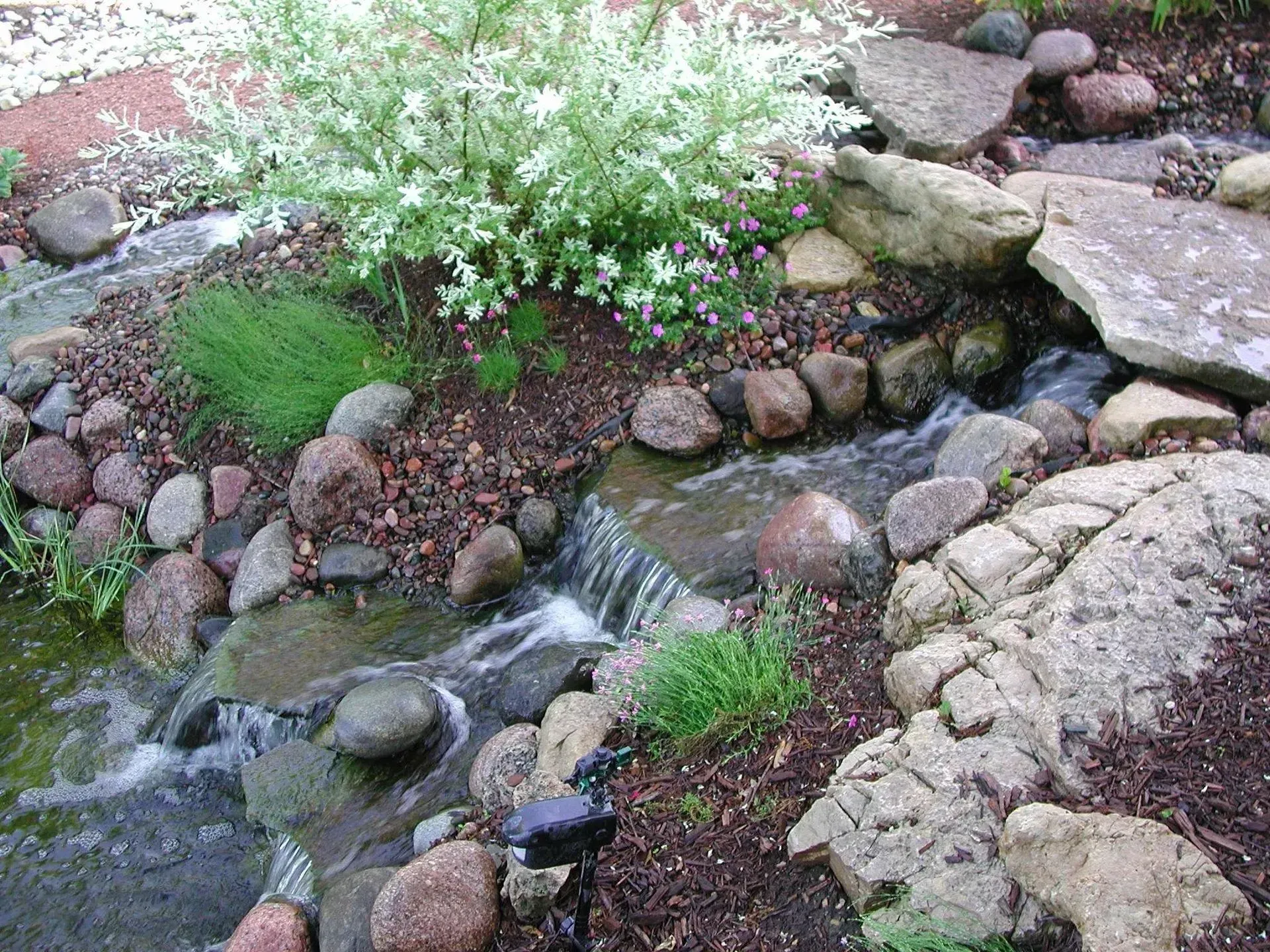 A small waterfall feature in a garden, with rocks, plants, and flowing water.