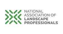 Logo for the National Association of Landscape Professionals: green geometric design next to text.