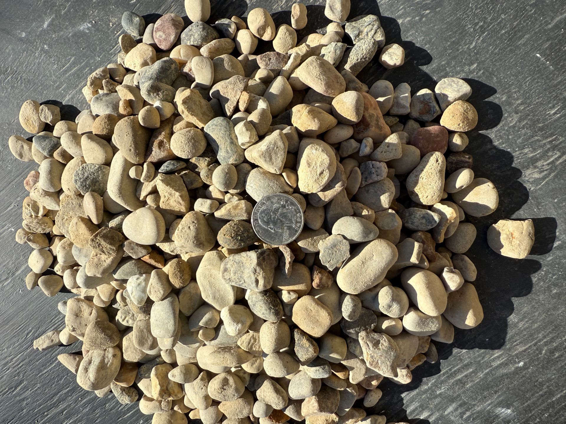 Pile of small tan and gray pebbles with a single coin on top, on a dark pavement surface
