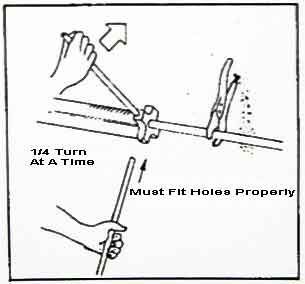 1/4 turn at a time, must fit holes properly