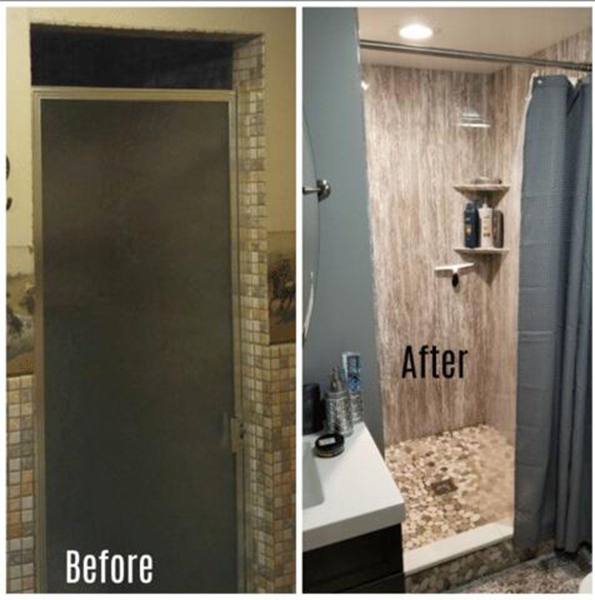 Before and after of a renovated shower
