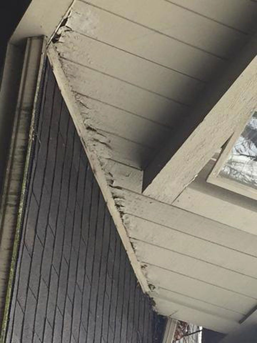 Damaged, light-colored wooden roof overhang