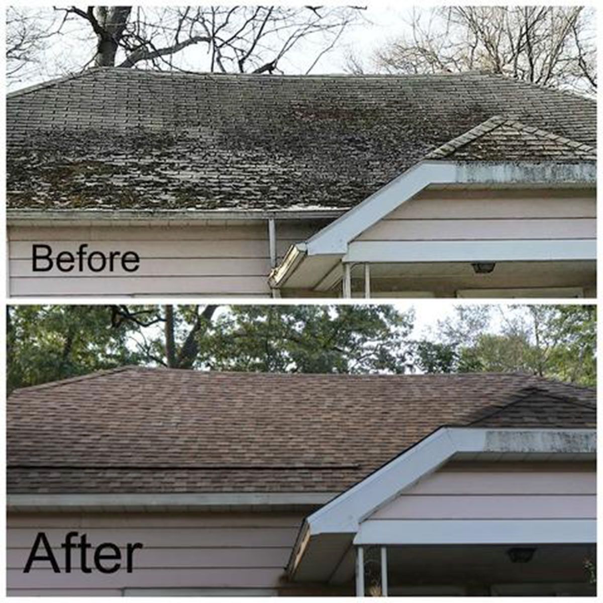 Comparison of a roof before and after cleaning: top half shows a dirty roof with algae; the bottom half shows a clean roof