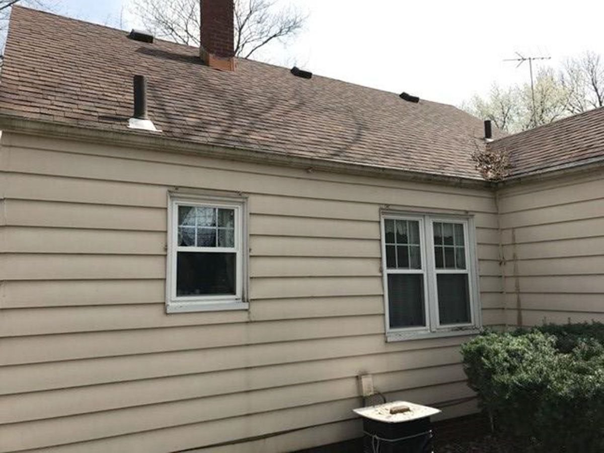 Side of a house with brown roof and beige siding, two windows, and bushes