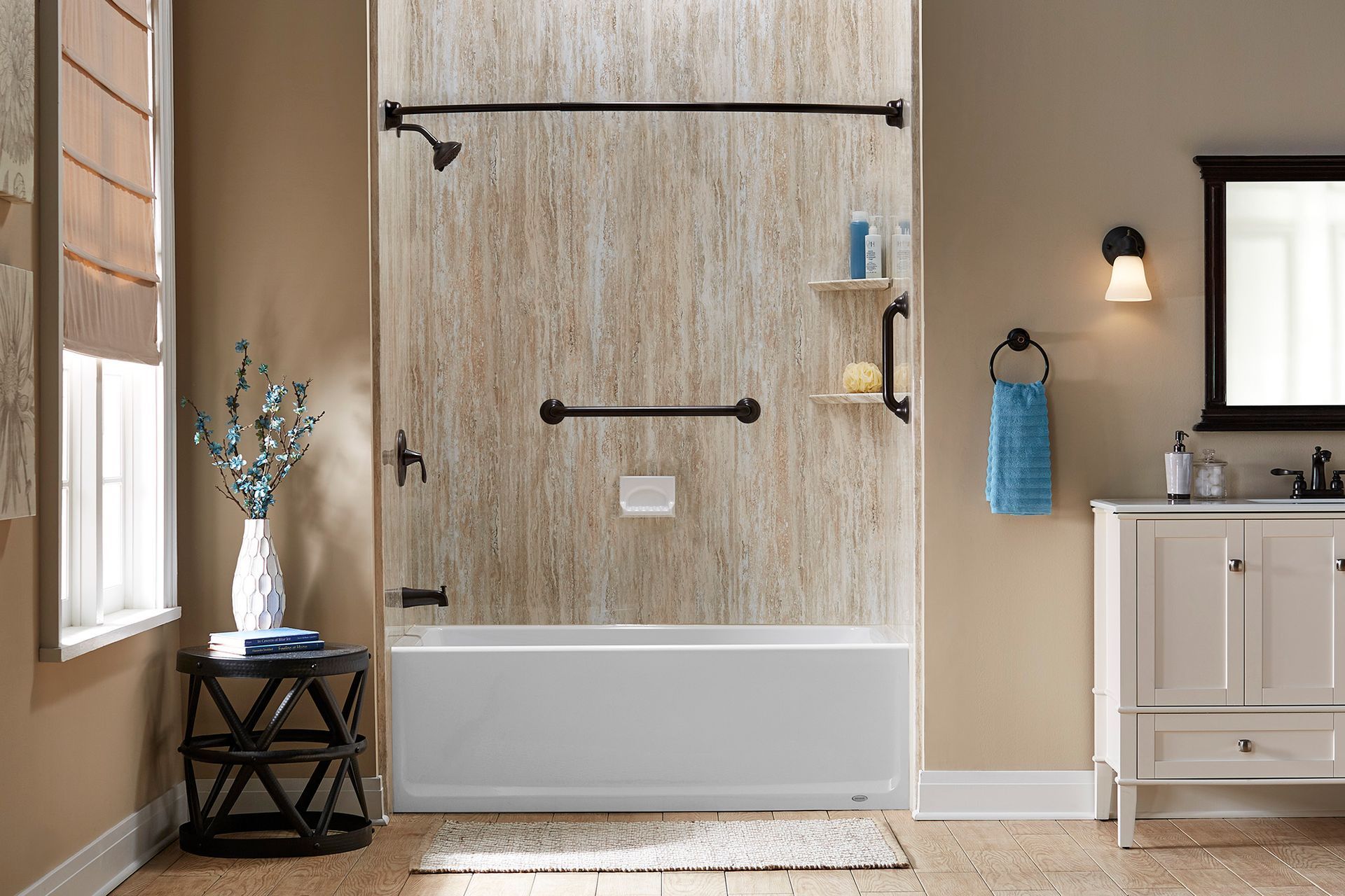 Bathroom with a white tub, textured wall panels, and dark fixtures.