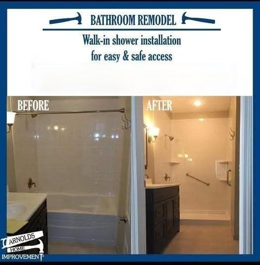 Bathroom remodel before and after. Walk-in shower installation for easy & safe access.