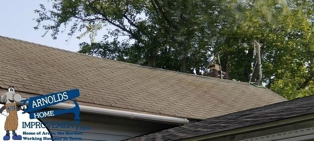 Roof of a house with trees in the background. Brown shingles and a gutter. Arnold's Home Improvement logo in the corner.