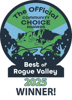 Official Community Choice Awards “Best of Rogue Valley 2025” winner badge with mountain and river graphic
