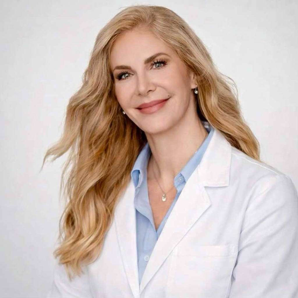 Krista Smith in a lab coat and pink scrubs is standing in front of trees.