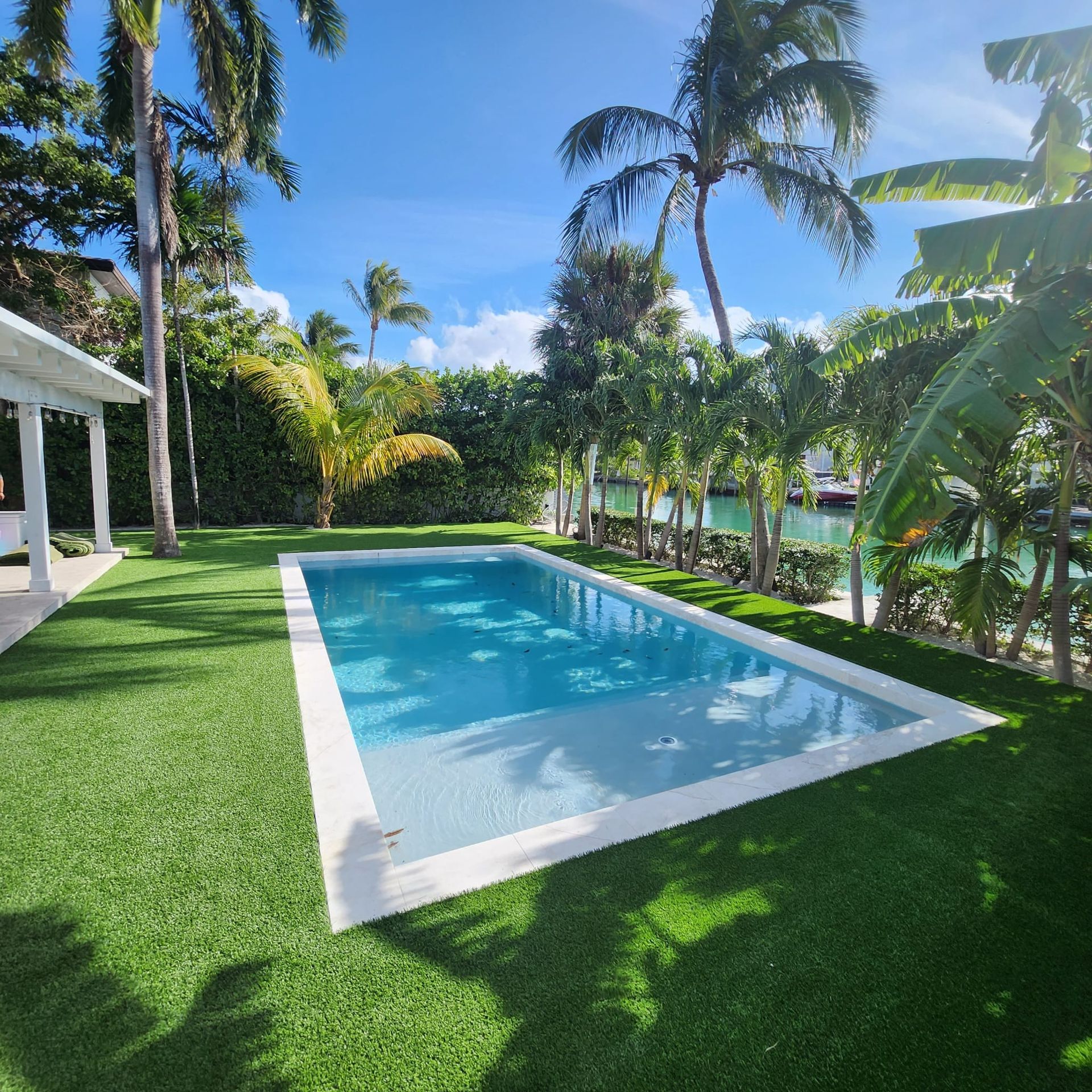 A large swimming pool surrounded by palm trees on a sunny day