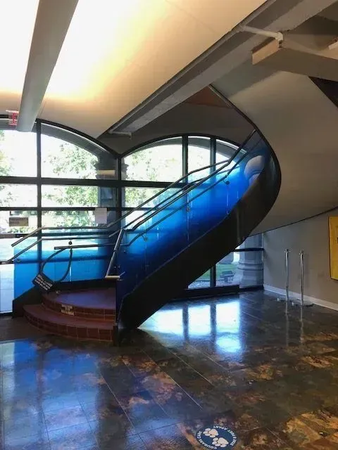 A curved staircase with blue glass panels in a brightly lit lobby with a patterned floor.