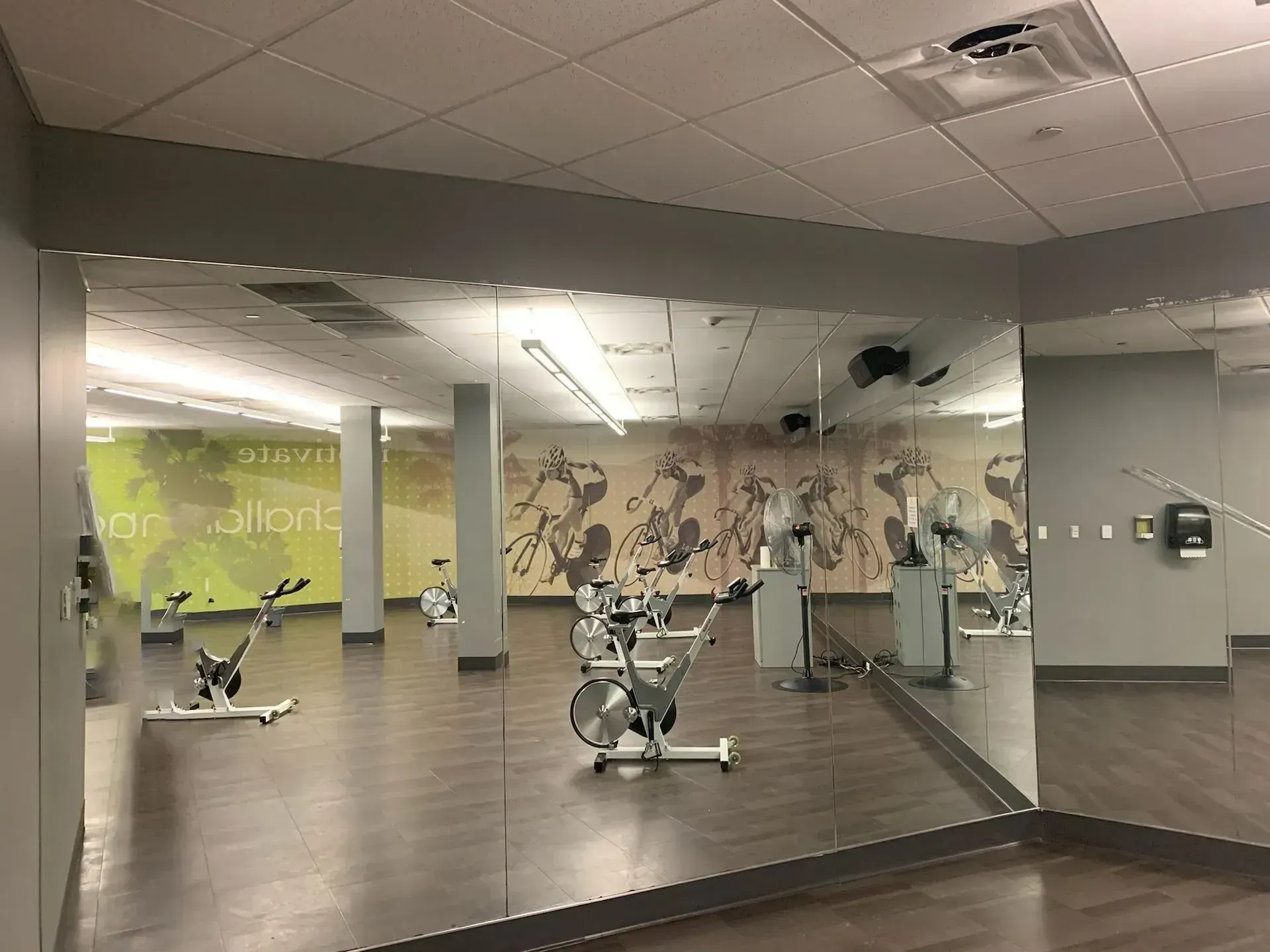 A gym studio with stationary bikes, dark wood floors, wall mirrors, and graphic wall art of cyclists.