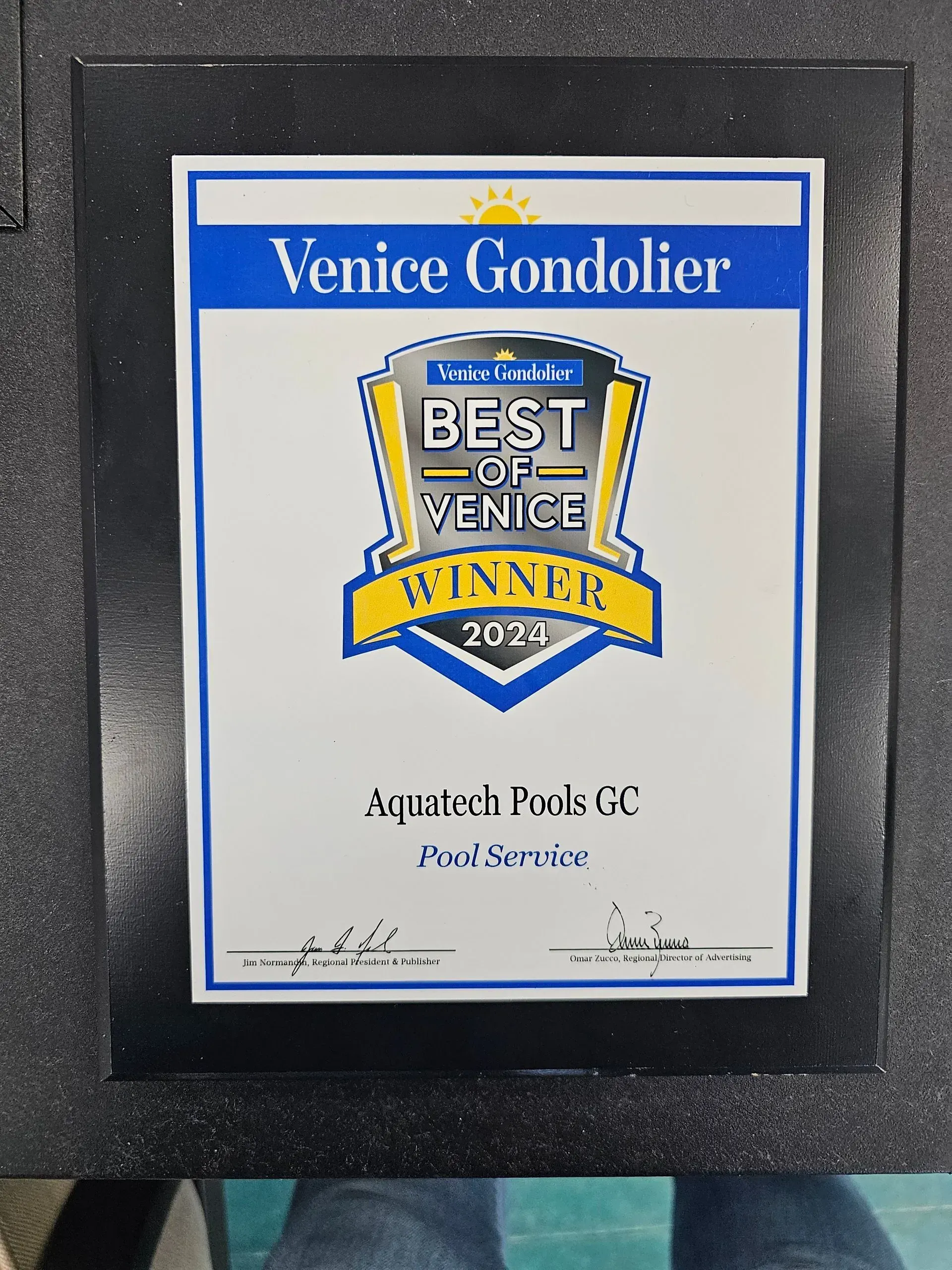 Award plaque for Aquatech Pools GC,