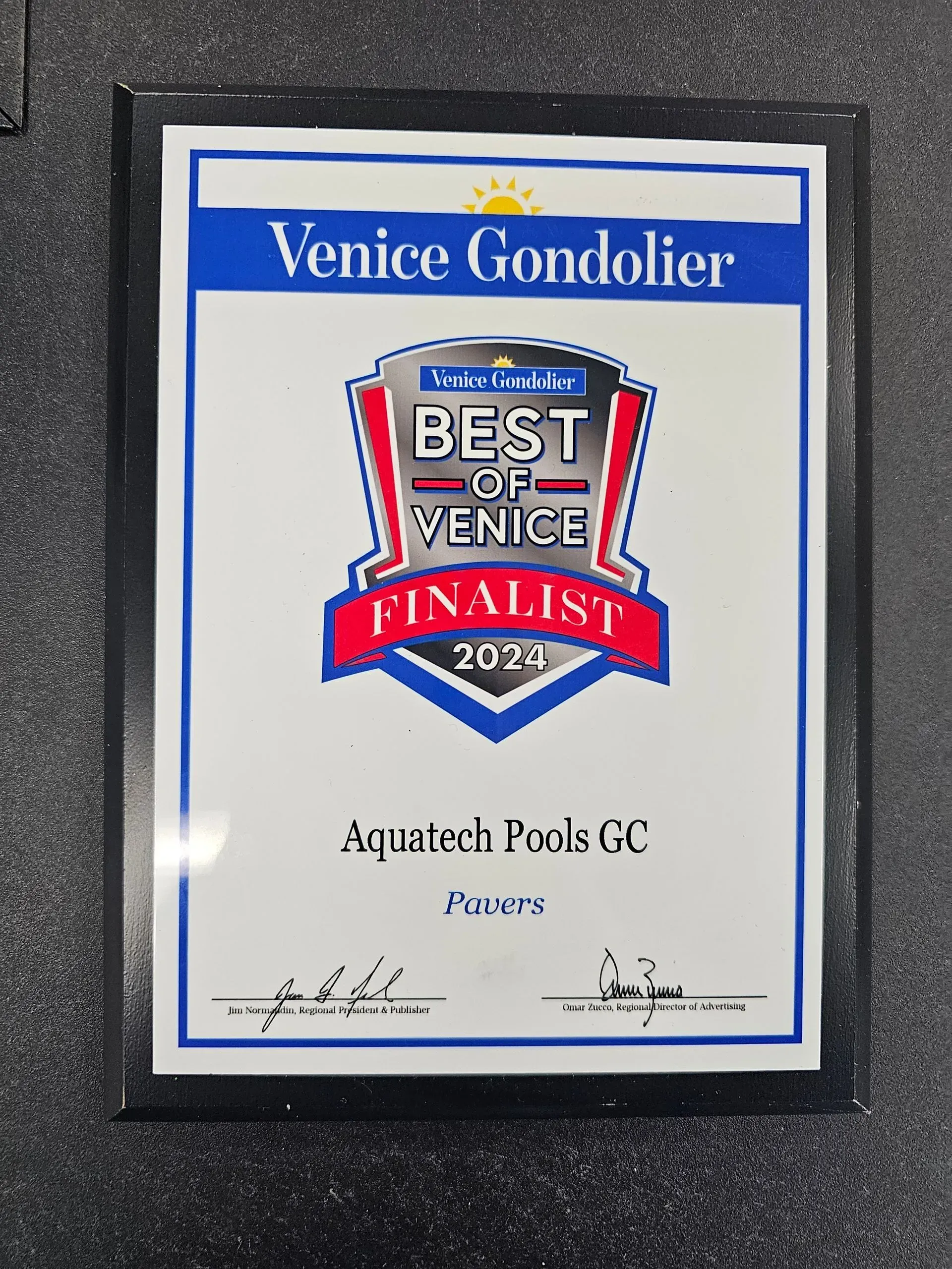 Framed award for Aquatech Pools (Finalist),