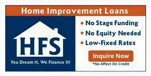 Blue logo with white house shape, HFS letters, and tagline 