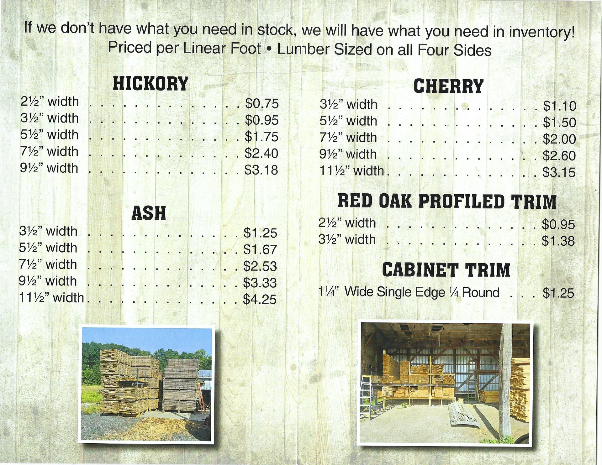 Lumber price list featuring hickory, cherry, ash, red oak trim, and cabinet trim prices per linear foot.