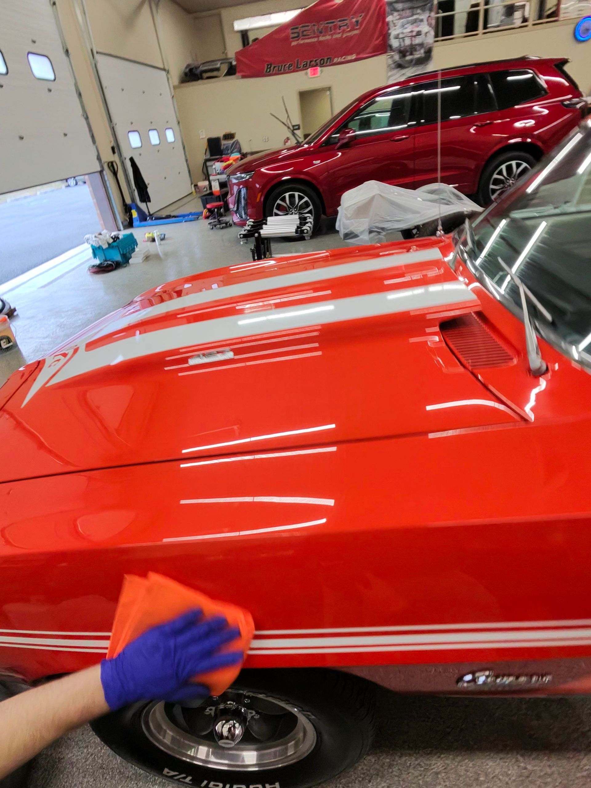 Red classic car being polished in a garage. Hand with blue glove holds an orange cloth, wiping the car's side.