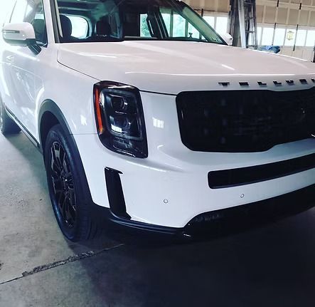 White Kia Telluride SUV with black accents, parked indoors.