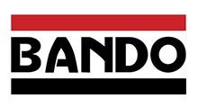 Logo for Bando, in black letters, with a red bar above and a black bar below.