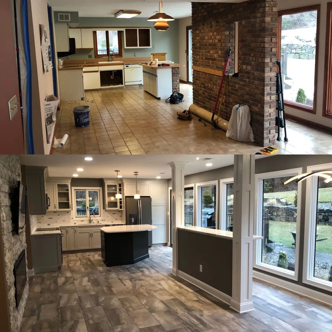 Before and after kitchen renovation: replacing cabinets, island, and flooring; adding lighting.