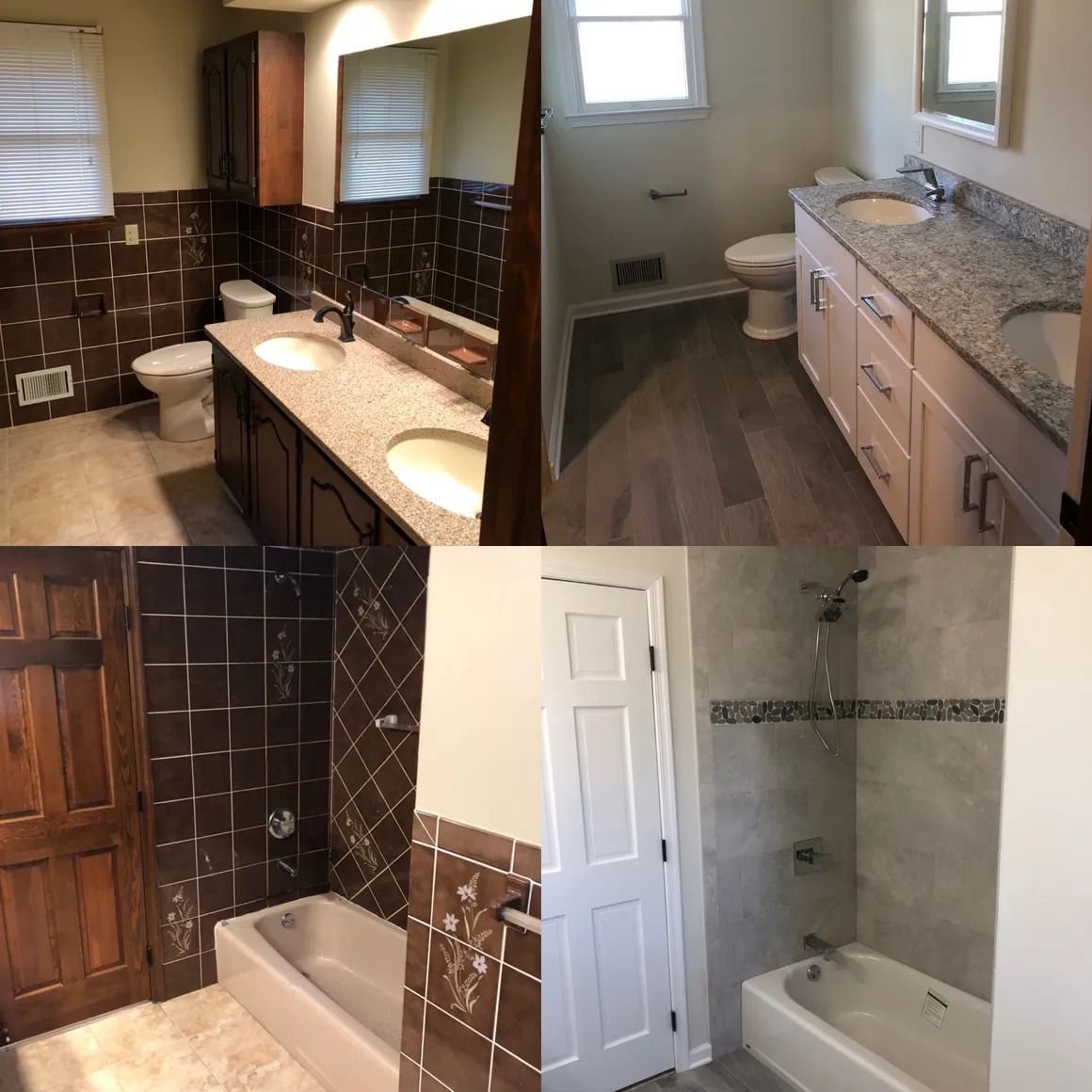 Four images comparing bathroom renovations: Dark brown tile before/ light gray tile after.