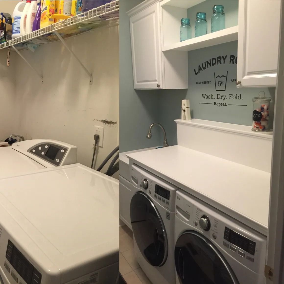 Laundry room: before and after. White washer/dryer set, white cabinets. Blue wall, sink. Cluttered left side. Organized right side.