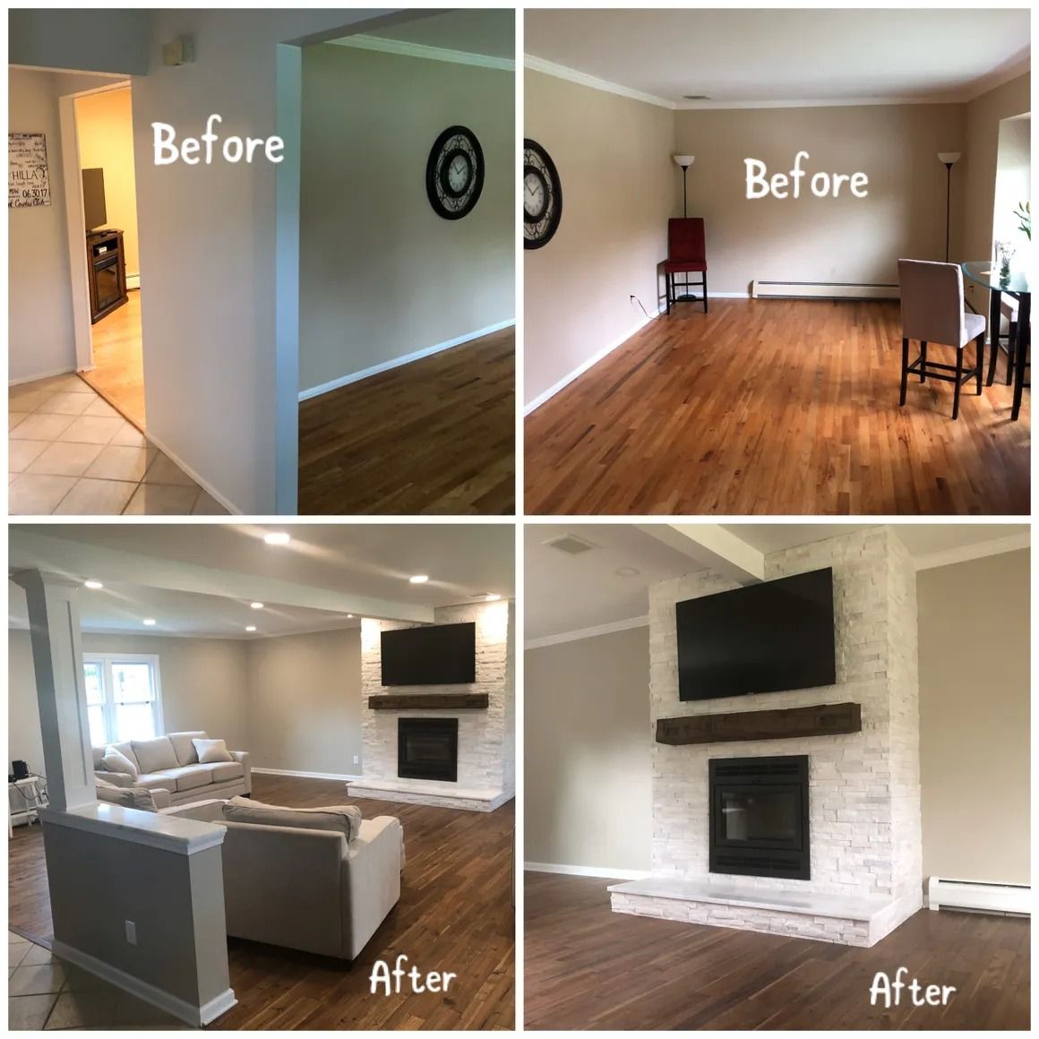 Before and after of a living space renovation; beige walls, wooden floors, fireplace, and updated lighting.