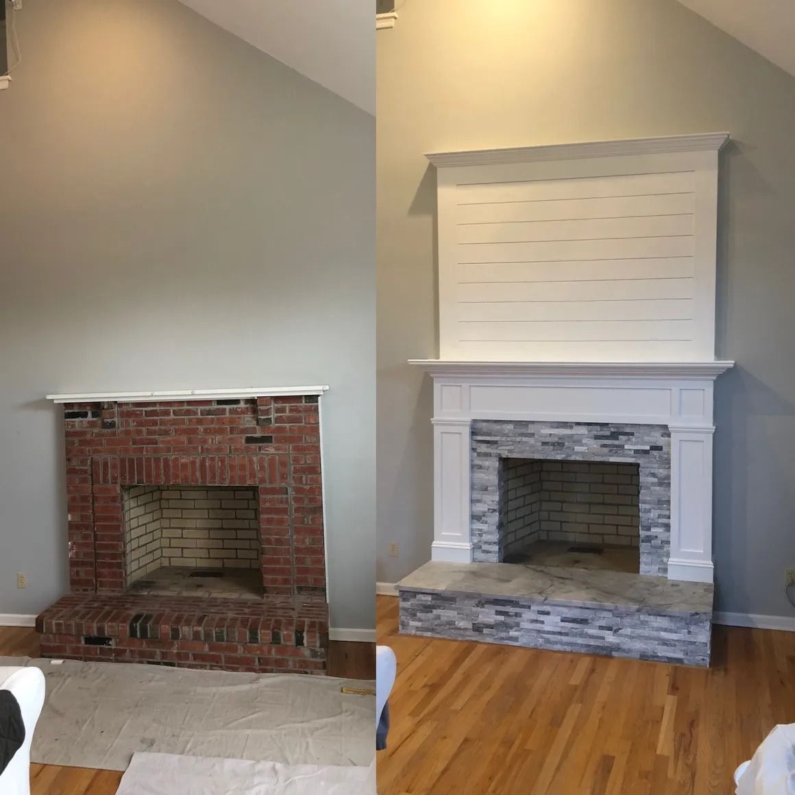 Before and after of a fireplace remodel. Brick to stone and white mantle and surrounding structure.