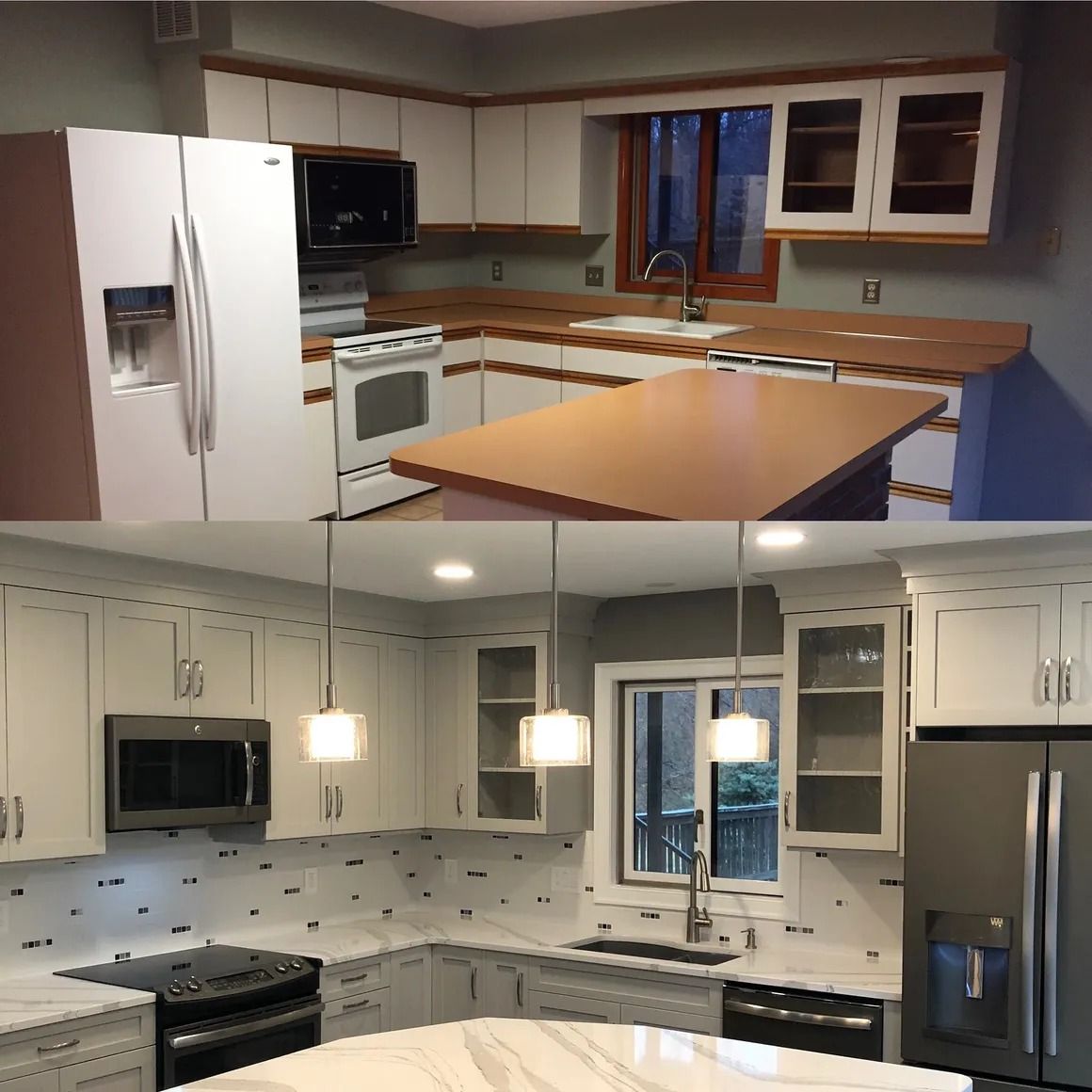 Kitchen renovation: before and after. White cabinets, countertops, appliances, and a different backsplash.