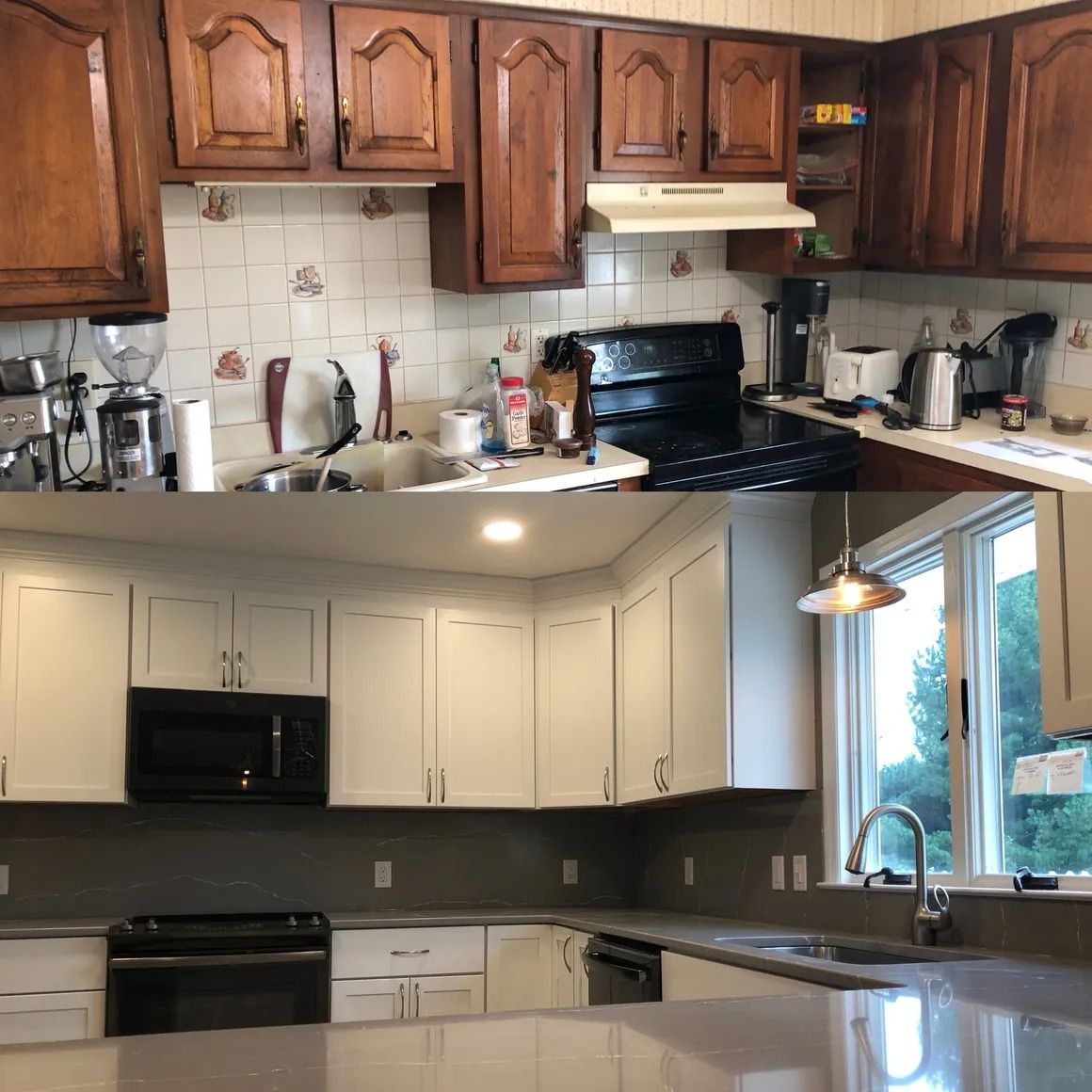 Kitchen renovation: Before and after. Old wood cabinets compared to new white cabinets with updated countertops.