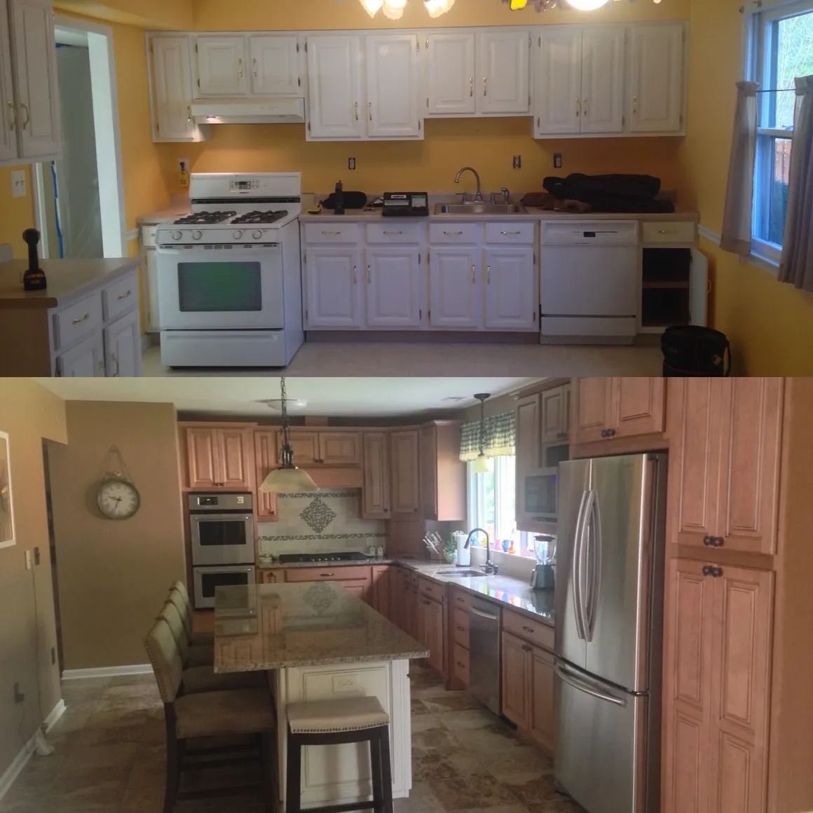 Kitchen renovation comparison: top shows dated white cabinets and yellow walls; bottom shows updated wood cabinets and brown walls.