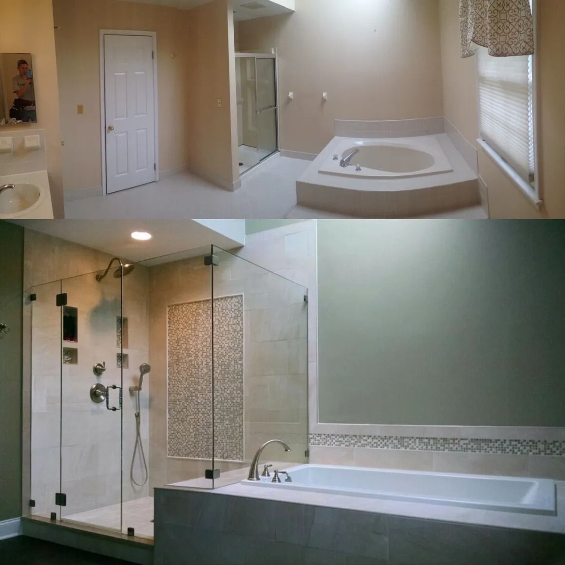 Bathroom before-and-after renovation. Top: beige walls, tub, shower. Bottom: Modern shower, white tub, updated decor.