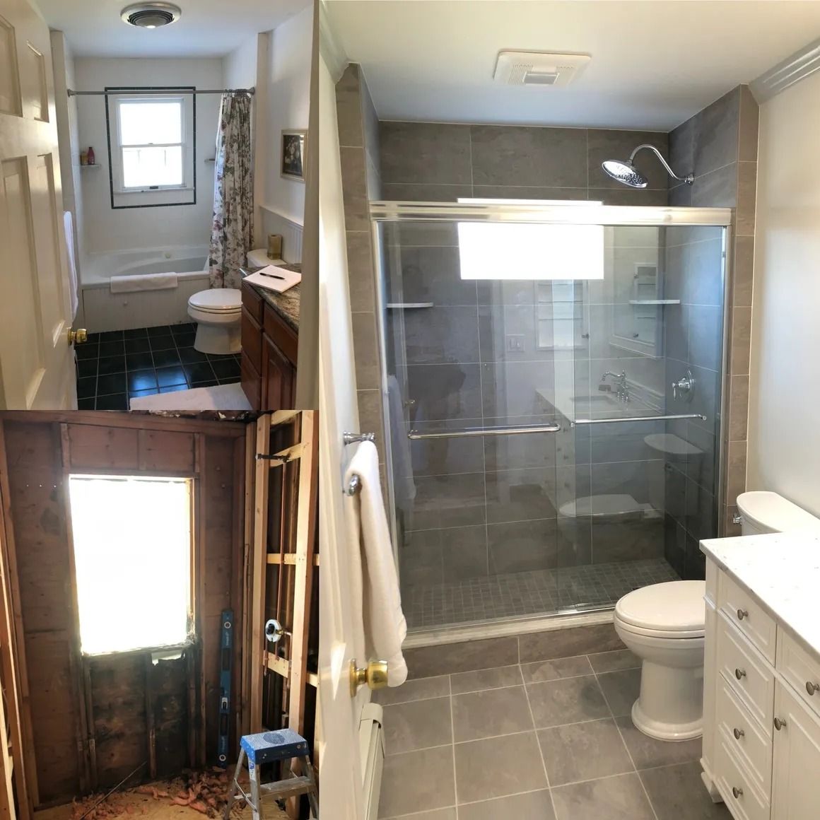 Bathroom renovation: Before, during, and after photos. Gray tile, glass shower door, new vanity, and toilet.