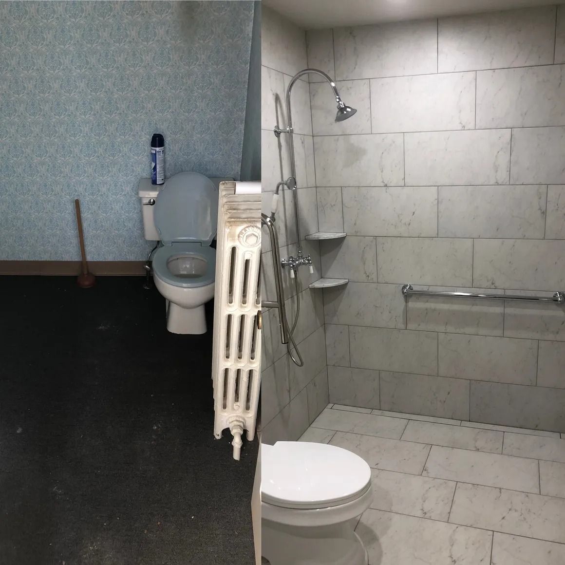 Bathroom with toilet, shower, radiator, and patterned wall. Black flooring.