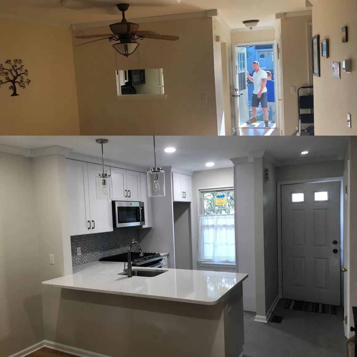 Before and after of a kitchen renovation; white cabinets, island, new flooring, and entrance to a home.
