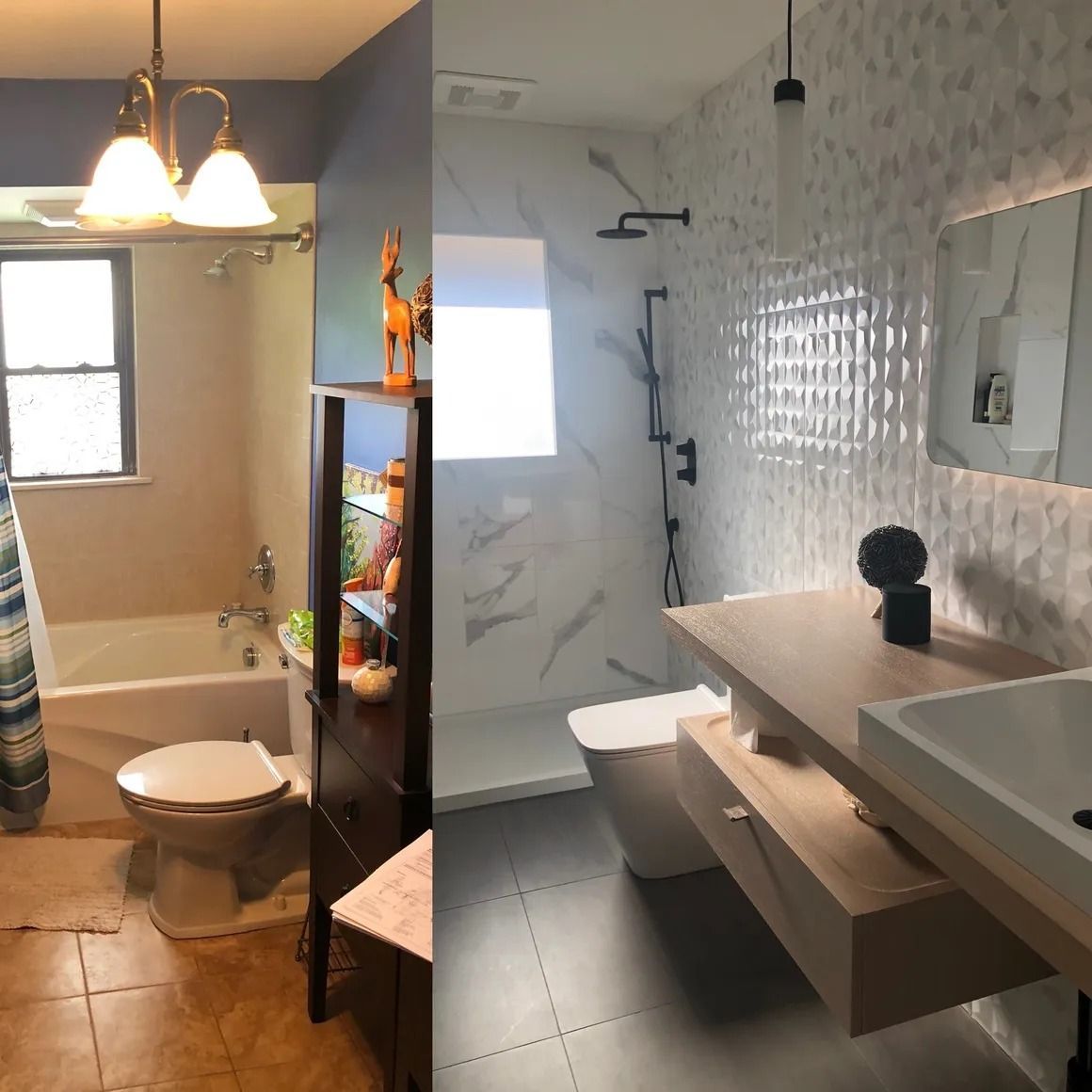 Bathroom before and after renovation. Old bathroom with tub, new bathroom with modern vanity, shower and black accents.