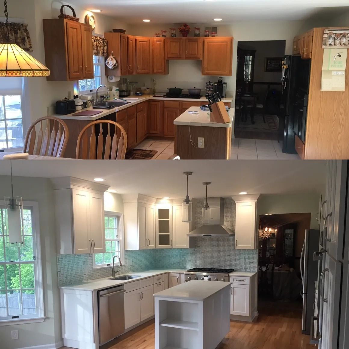 Comparison of a kitchen before and after renovation. The 