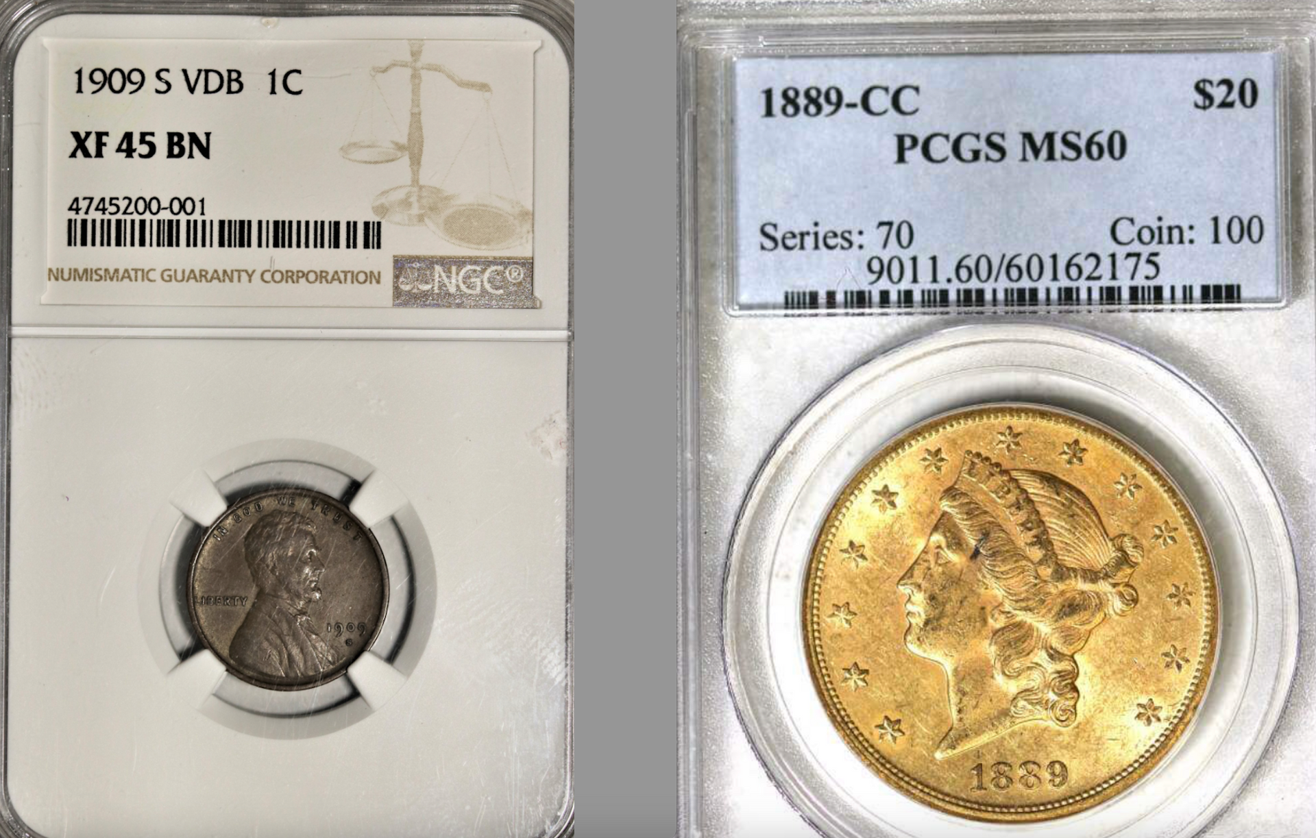 Two coin holder slabs: a worn 1909 VDB cent and an 1899 gold coin graded PCGS MS60.