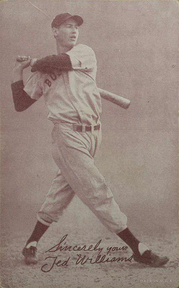 Sepia-toned baseball player in uniform holding a bat over his shoulder, with a handwritten signature at bottom.