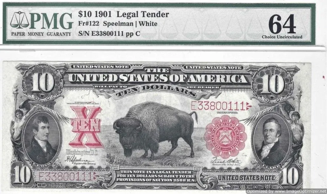 10-dollar U.S. bill with bison and portrait, plus PMG grading label above it