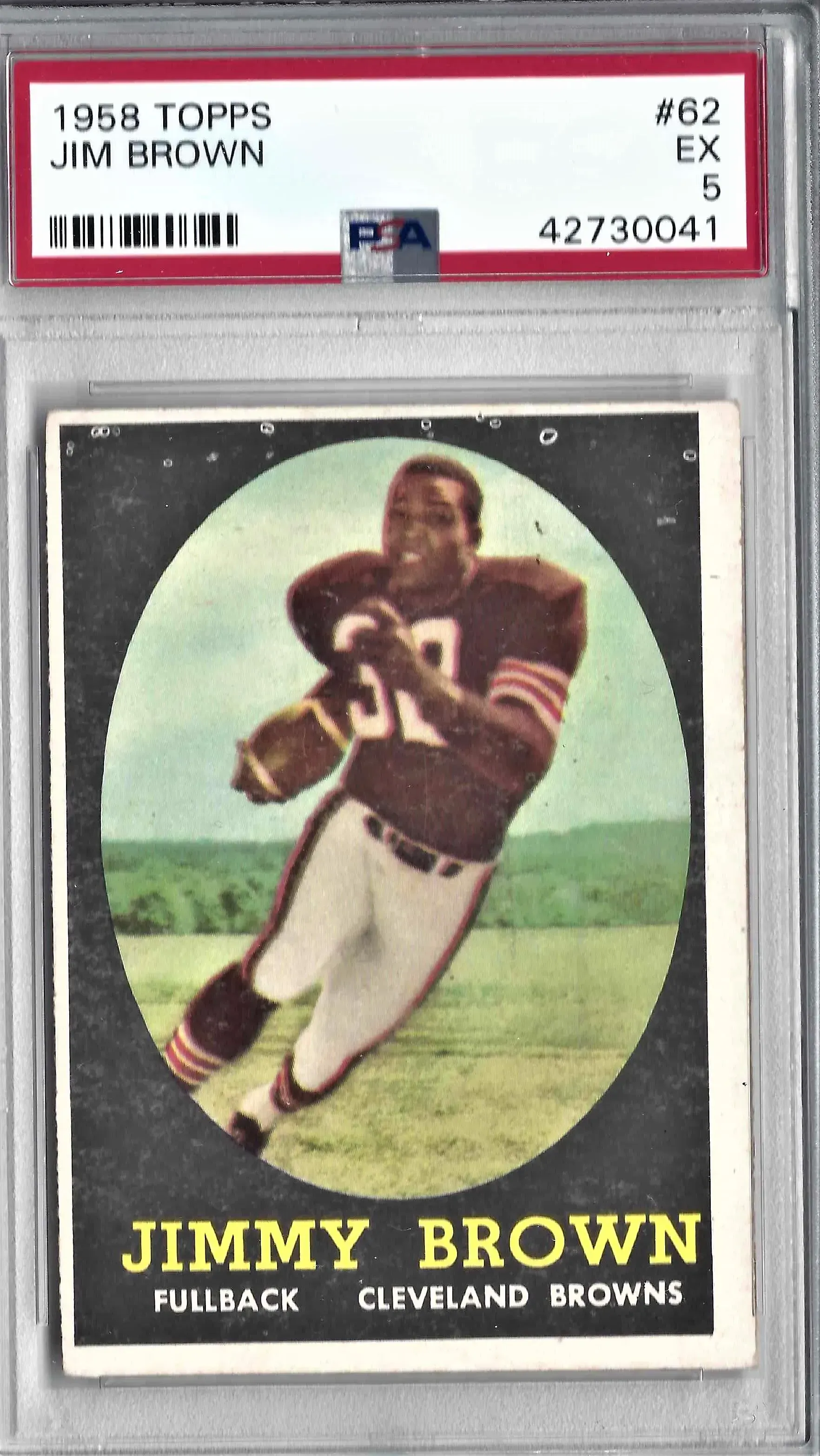 1958 Topps Jimmy Brown football card, Cleveland Browns, in a PSA slab.