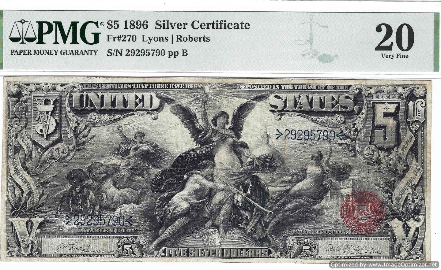 1886 $5 silver certificate banknote with black-and-white engraving and red seal, front and center