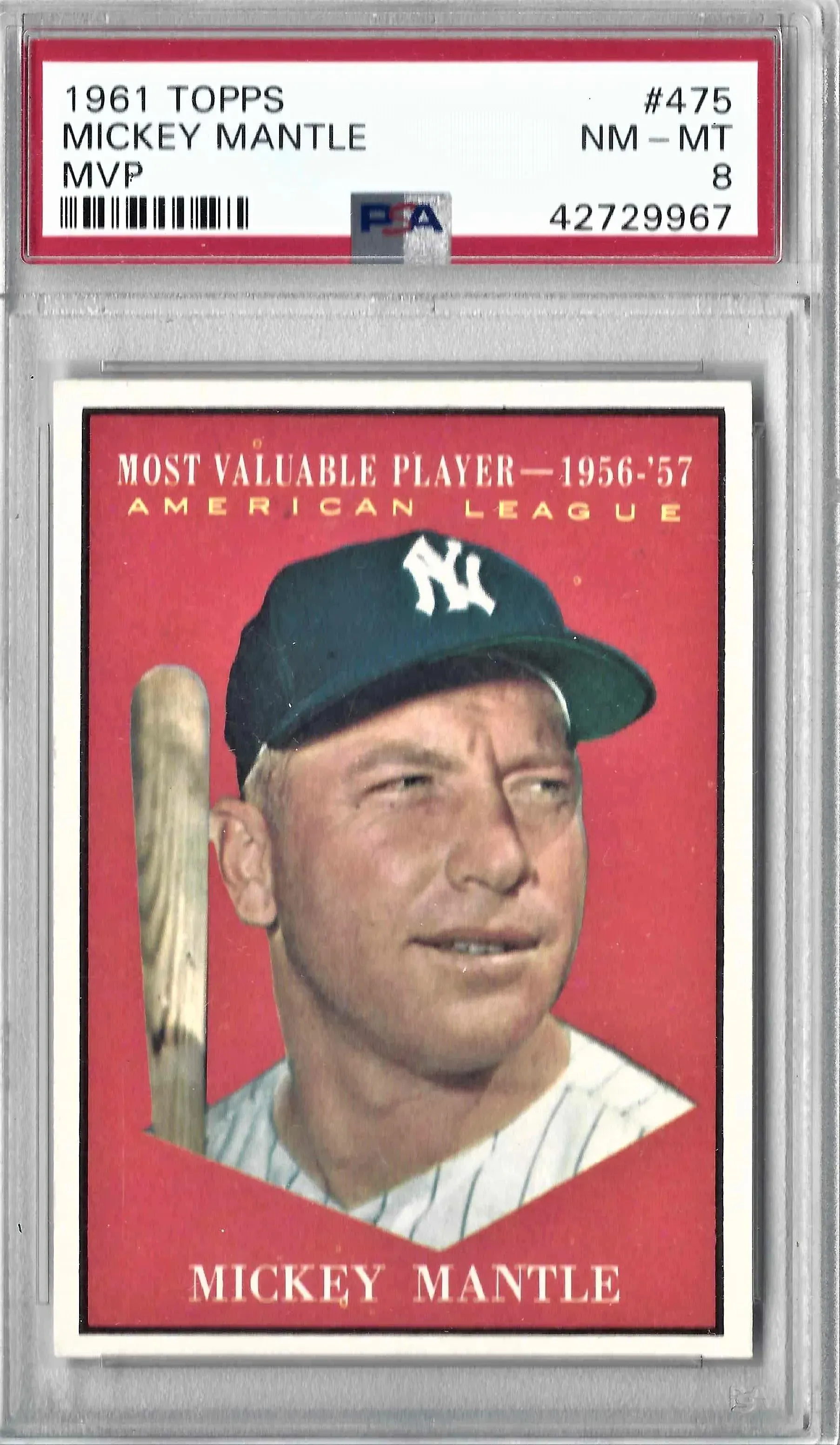 Mickey Mantle baseball card with red border and top PSA label shown in a case