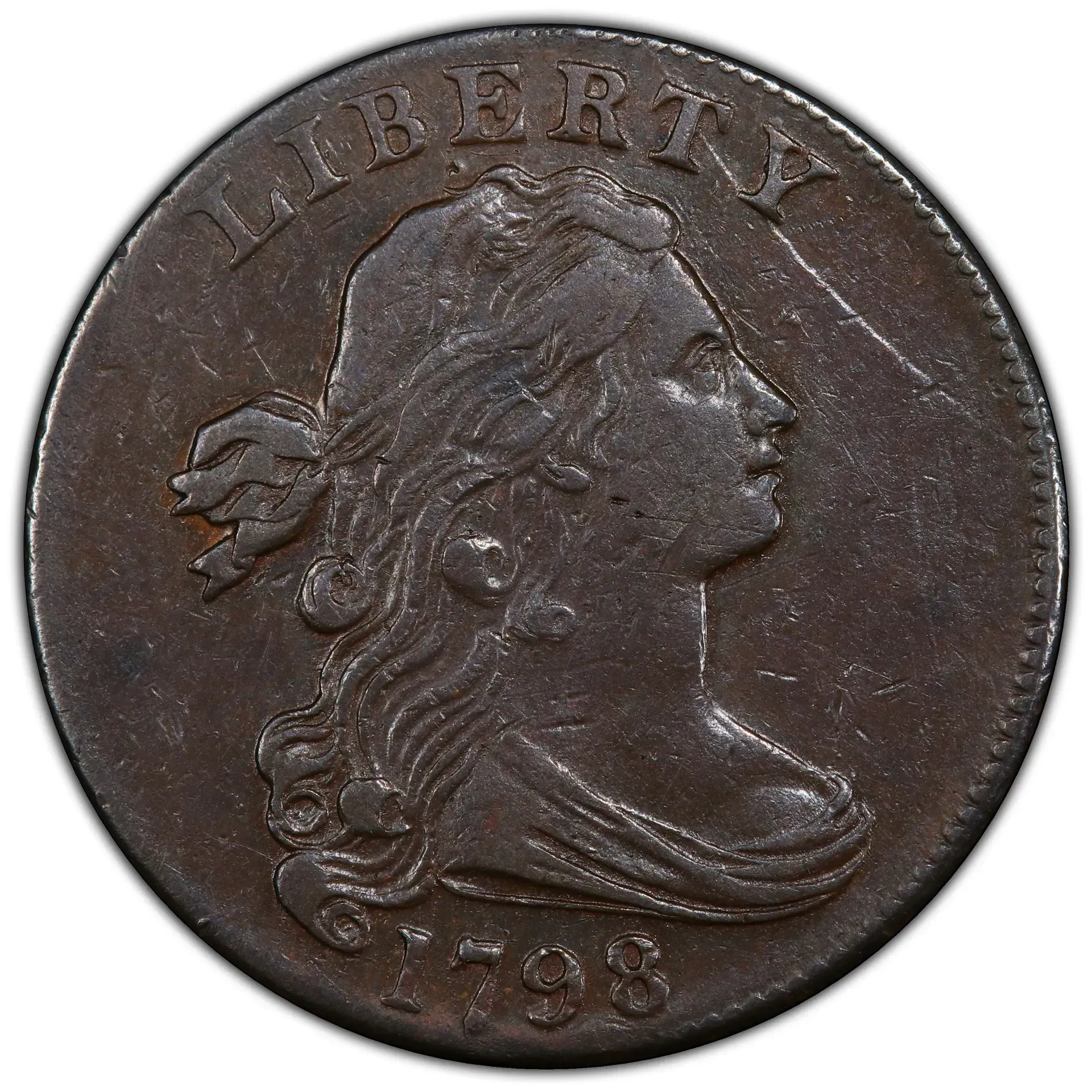 Close-up of a worn Liberty coin with a left-facing profile and date 1798