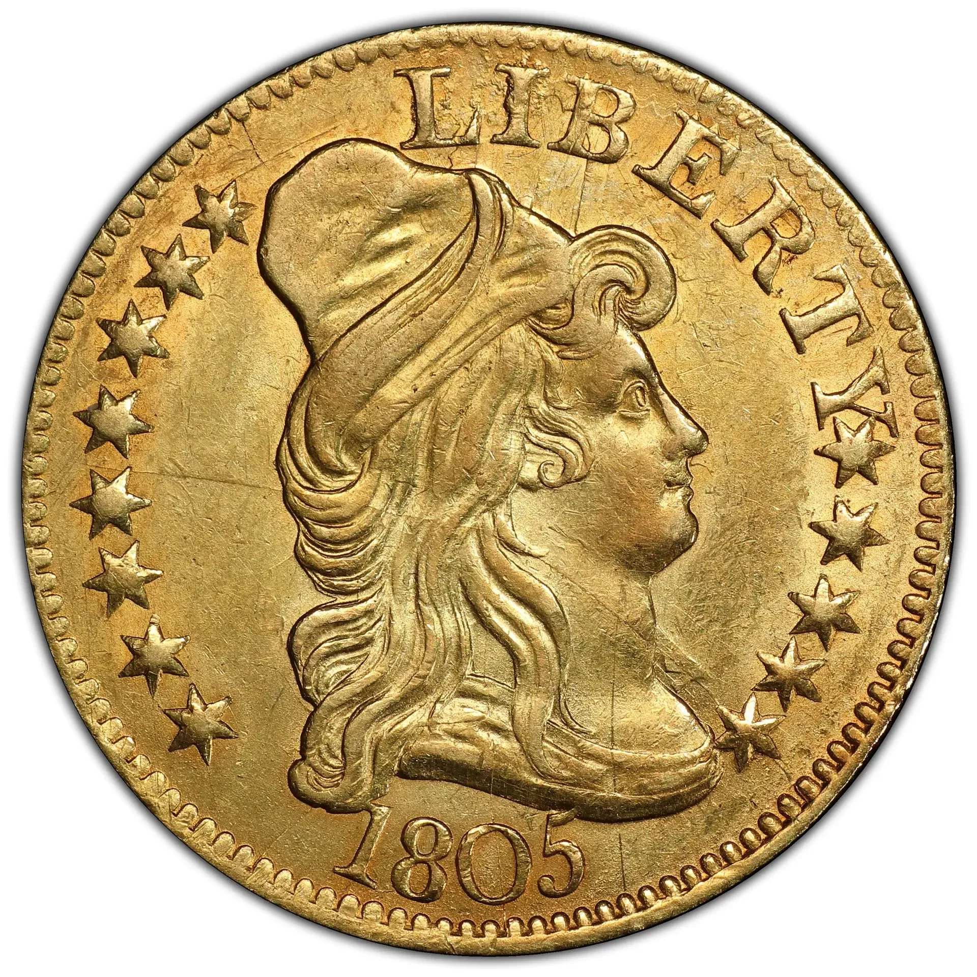 Gold 1803 Liberty Head coin with star border and side profile portrait